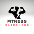 Body builder flexing his muscles with the words "Fitness Blissness" underneath him.