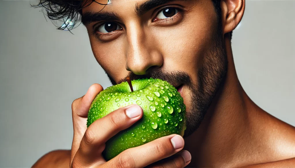 Green apple nutrition: Hispanic man eating a green apple
