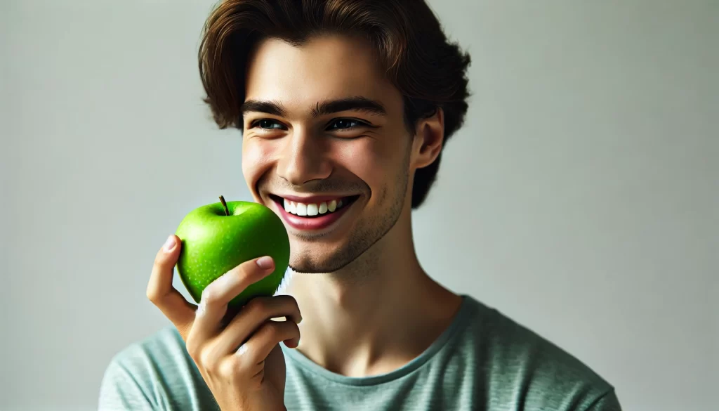 Green Apple Nutrition: White man eating a green apple