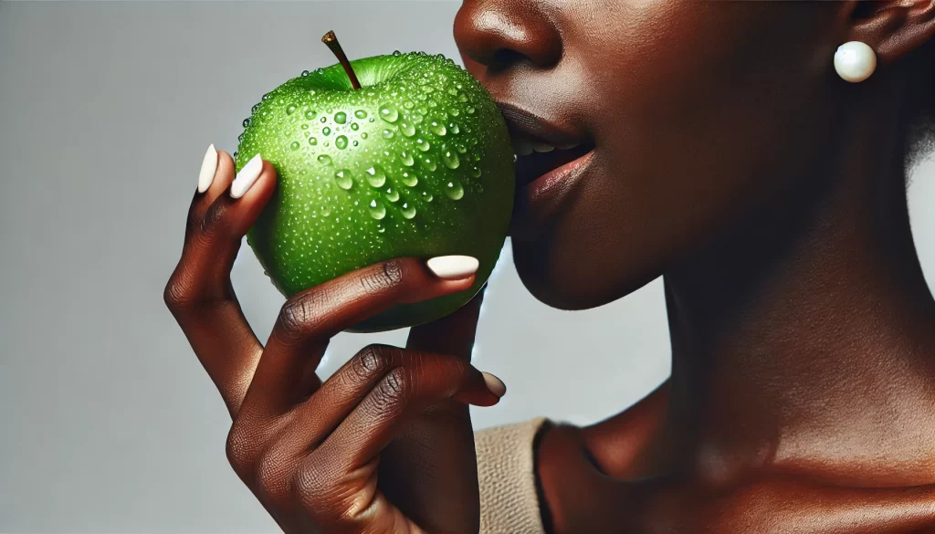 Green apple nutrition: Black woman eating a green apple