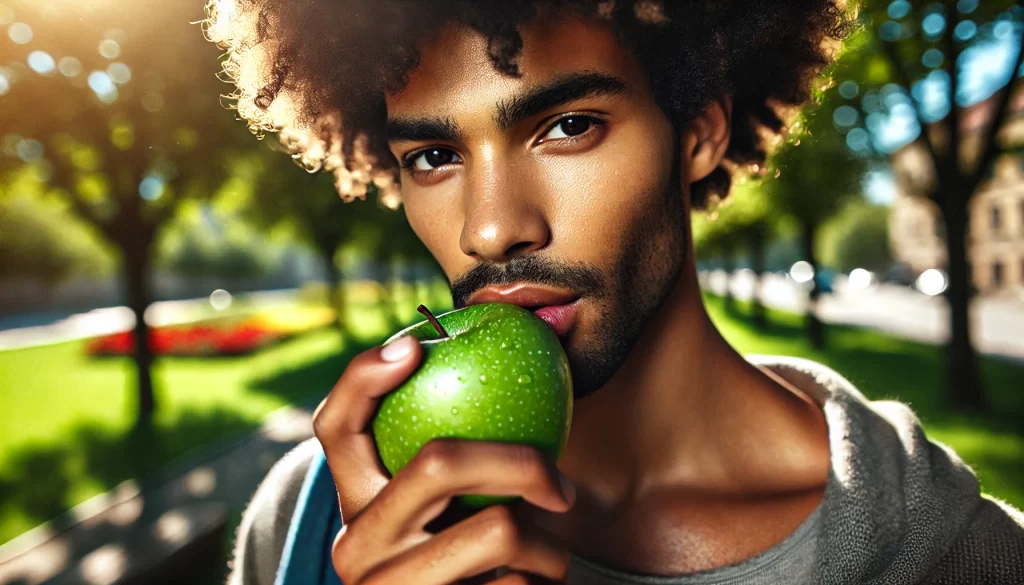 Black man eating an apple