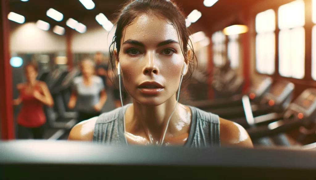 Woman on treadmill, sweating