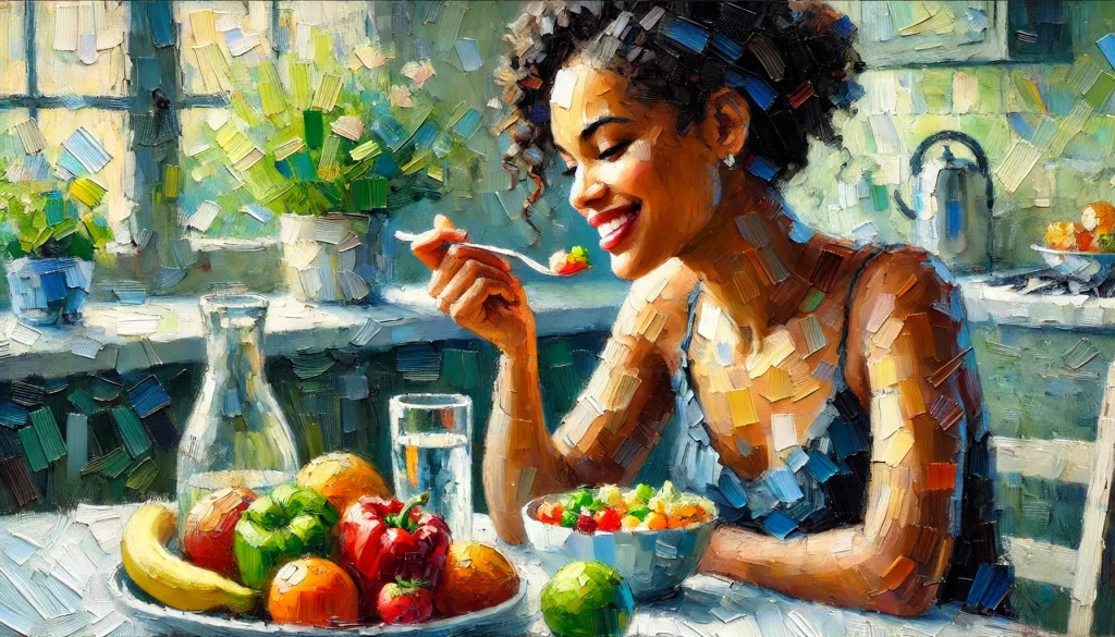 Well-Being Nutrition: Black woman sitting at a table, eating healthy food.